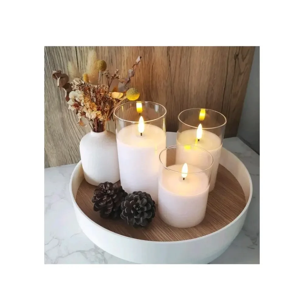 Glass Battery Operated LED Pillar Flameless Candles With10-Key Remote and Timer,